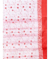 Traditional Bengal Agomoni Red White Embroidery Cotton Handloom Saree Without Blouse Piece (Red White)