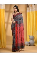 Traditional Bengali Begampuri Handloom Cotton Saree With Blouse Piece(Gray red)