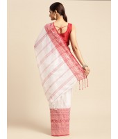  Flower Design Bengamuri Pure Handloom Cotton Saree With Blouse Piece (Red White)