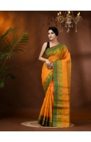 Traditional Bengal Tant Woven Minakari Kolka Design Pure Handloom Cotton Saree Without Blouse Piece(Light Orange)