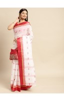 Navarupa Velvet Par Design Pure Handloom Cotton Saree (White-Red) - Durga Puja Collection