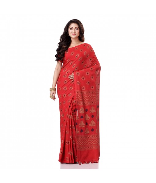 Bengal Tant Kolka Print Design Pure Handloom Cotton Saree Without Blouse Piece (Red Yellow)