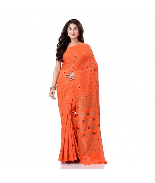 Bengal Tant Abhrak Work Design Soft Pure Handloom Cotton Saree With Blouse Piece Orange