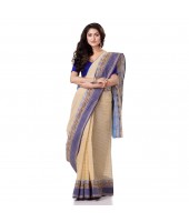 Traditional Bengal Tant Pure Handloom Cotton Saree Jol Torongo Woven Design Without Blouse Piece Offwhite Blue