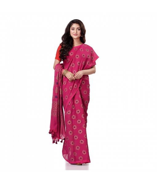 Bengal Tant Abhrak Work Design Soft Pure Handloom Cotton Saree With Blouse Piece Pink