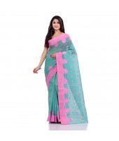 DESH BIDESH Women`s Traditional Tant Pure Handloom Cotton Saree Woven Tri Flower Designer Without Blouse Piece (Firoza)