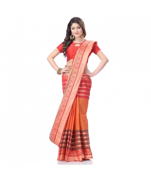 Traditional Bengal Tant 3D Temple Design Handloom Pure Cotton Saree Without Blouse Piece (Red)
