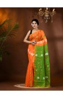 Resham Dhakai Jamdani Cotton Handloom Saree Aam Kolka Design Jamdani Saree (Orange Green)