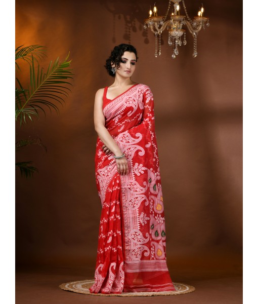 Resham Dhakai Jamdani Cotton Handloom Saree Alpana Paisle Kolka Design Jamdani Saree (Red) 