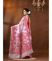 Resham Dhakai Jamdani Cotton Handloom Saree Alpana Paisle Kolka Design Jamdani Saree (White) 