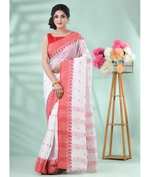 Traditional Handloom Cotton Saree Ankur Woven Design Without Blouse Piece (Red White)