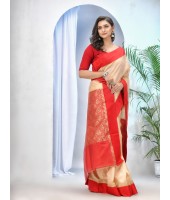 Tant Cotton Saree with Blouse Piece (Off-White and Red) - Durga Puja Collection