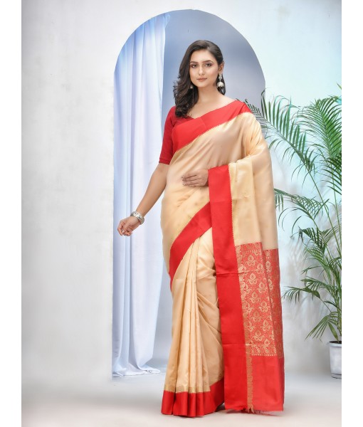 Tant Cotton Saree with Blouse Piece (Off-White and Red) - Durga Puja Collection