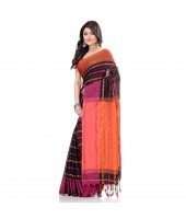 dB DESH BIDESH Women`s Traditional Bengali Begampuri Pure Handloom Cotton Saree With Blouse Piece (Black Orange)