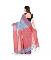 dB DESH BIDESH Women`s Traditional Bengali Begampuri Pure Handloom Cotton Saree With Blouse Piece (Blue Red)