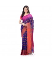 dB DESH BIDESH Women`s Traditional Bengali Begampuri Pure Handloom Cotton Saree With Blouse Piece (Deep Blue)