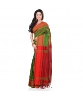 dB DESH BIDESH Women`s Traditional Bengali Begampuri Pure Handloom Cotton Saree With Blouse Piece (Green Red)