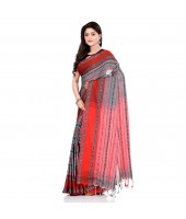 dB DESH BIDESH Women`s Traditional Bengali Begampuri Pure Handloom Cotton Saree With Blouse Piece (Grey Red)