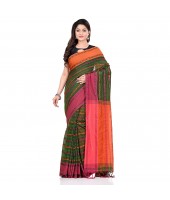 dB DESH BIDESH Women`s Traditional Bengali Begampuri Pure Handloom Cotton Saree With Blouse Piece (Pesta green Orange)