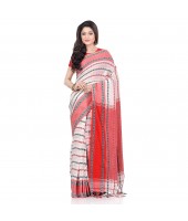dB DESH BIDESH Women`s Traditional Bengali Begampuri Pure Handloom Cotton Saree With Blouse Piece (White Black Red)