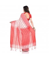dB DESH BIDESH Women`s Traditional Bengali Begampuri Pure Handloom Cotton Saree With Blouse Piece (White Red)