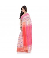 dB DESH BIDESH Women`s Traditional Bengali Begampuri Pure Handloom Cotton Saree With Blouse Piece (White Pink)