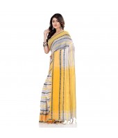 dB DESH BIDESH Women`s Traditional Bengali Begampuri Pure Handloom Cotton Saree With Blouse Piece (White Yellow)