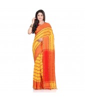 dB DESH BIDESH Women`s Traditional Bengali Begampuri Pure Handloom Cotton Saree With Blouse Piece (Yellow Red)