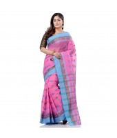 dB DESH BIDESH Women`s Traditional Bengali Tant Lotus Design Pure Handloom Cotton Saree Without Blouse Piece (Pink Blue)