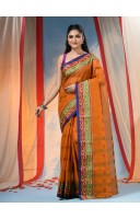 Traditional Tant Pure Handloom Cotton Saree Woven Bi-Color Mina Zari Karat Without Blouse Piece (Burnt Clay Orange)