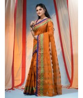 Traditional Tant Pure Handloom Cotton Saree Woven Bi-Color Mina Zari Karat Without Blouse Piece (Burnt Clay Orange)