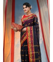 Traditional Tant Pure Handloom Cotton Saree Woven Bi-Color Mina Zari Karat Without Blouse Piece (dark Blue)