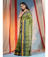  Traditional Tant Pure Handloom Cotton Saree Woven Bi-Color Mina Zari Karat Without Blouse Piece (Green)