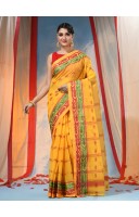 Traditional Tant Pure Handloom Cotton Saree Woven Bi-Color Mina Zari Karat Without Blouse Piece (Yellow)