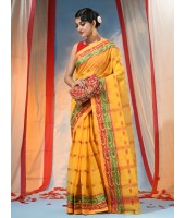 Traditional Tant Pure Handloom Cotton Saree Woven Bi-Color Mina Zari Karat Without Blouse Piece (Yellow)