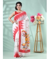 Bengal Handloom Pure Cotton Saree Dashabhuja HandPrint Design With Blouse Piece