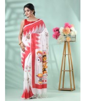 Bengal Handloom Pure Cotton Saree Dashabhuja HandPrint Design With Blouse Piece