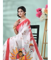 Bengal Handloom Pure Cotton Saree Dashabhuja HandPrint Design With Blouse Piece