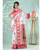 Handloom Pure Cotton Saree Dashami Sindur Khela HandPrint Design With Blouse Piece (Red White0