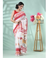Handloom Pure Cotton Saree Durga Printed HandPrint Design With Blouse Piece