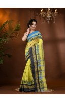 Traditional Pure Handloom Cotton Saree Flower Leaf Kolka Woven Design Without Blouse Piece (Yellow)