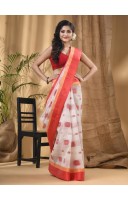Bengal Fuleswari Woven Designer Pure Handloom Cotton Saree (White Red)