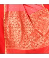dB DESH BIDESH Women`s Bengal Kanchipuram Art Silk Saree Handmade Whole Body Garad Design With Running Blouse Coral