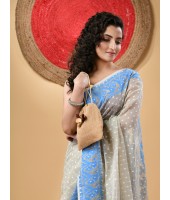  Resham Dhakai Jamdani Cotton Handloom Saree Hajar Buti Design Jamdani Saree (White Blue)