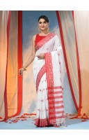 Traditional Soft Handloom Cotton Saree Flower Garden Design With Blouse Piece (Red White)