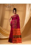 Tant Cotton Silk Handloom Cotton Saree Pushpomala With Blouse Piece (Orange Pink)