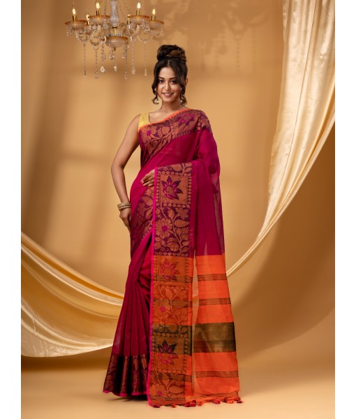 Tant Cotton Silk Handloom Cotton Saree Pushpomala With Blouse Piece (Orange Pink)