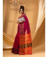 Tant Cotton Silk Handloom Cotton Saree Pushpomala With Blouse Piece (Orange Pink)