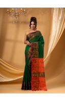 Tant Cotton Silk Handloom Cotton Saree Pushpomala With Blouse Piece (Orange Green)