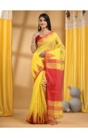 Handloom Tant Pure Cotton Saree Temple Par Desigined With Blouse Piece (Red Yellow)